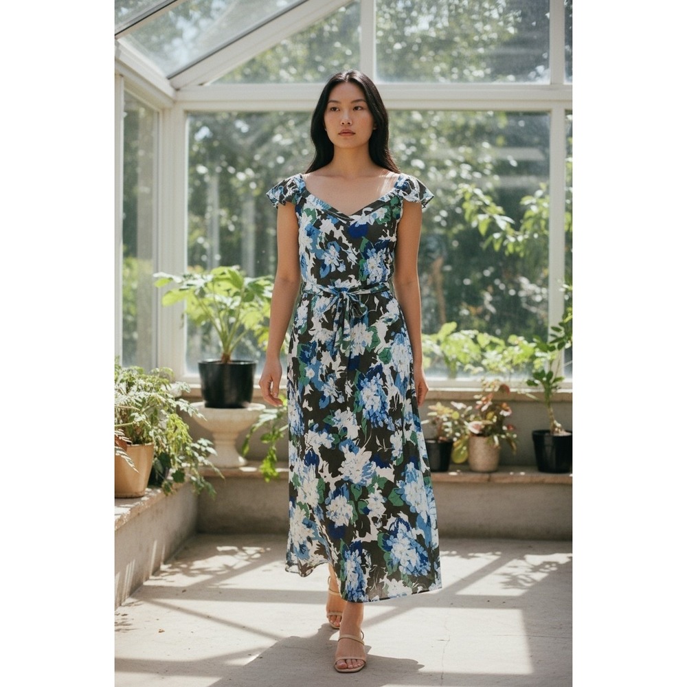 Floral Flutter Ruffle Maxi Dress Cottagecore Garden Fairy Size M Whimsical Party